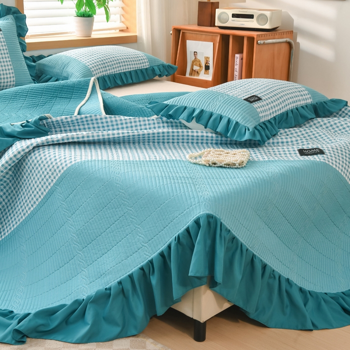 91家纺网 家纺一手货源 找家纺 鹿辉家居（原吉欧力） 2025新款无印风数码床盖三件套 无印风-湖绿