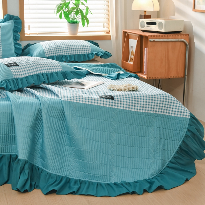 91家纺网 家纺一手货源 找家纺 鹿辉家居（原吉欧力） 2025新款无印风数码床盖三件套 无印风-湖绿