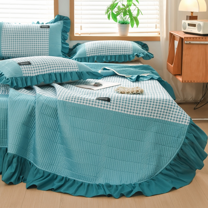 91家纺网 家纺一手货源 找家纺 鹿辉家居（原吉欧力） 2025新款无印风数码床盖三件套 无印风-湖绿