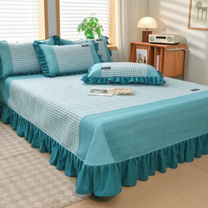 91家纺网 家纺一手货源 找家纺 鹿辉家居（原吉欧力） 2025新款无印风数码床盖三件套 无印风-湖绿