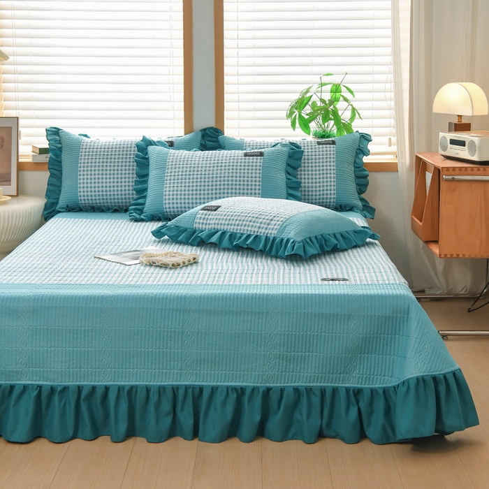 91家纺网 家纺一手货源 找家纺 鹿辉家居（原吉欧力） 2025新款无印风数码床盖三件套 无印风-湖绿