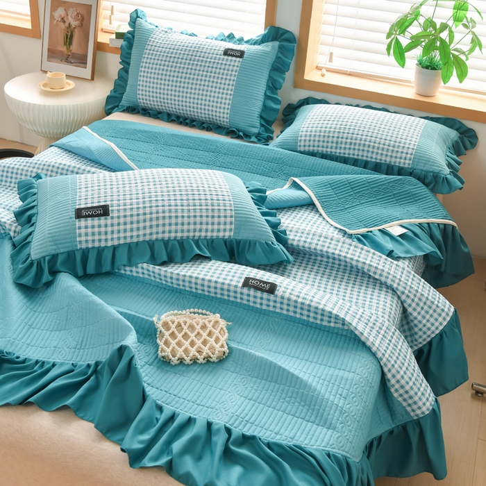 91家纺网 家纺一手货源 找家纺 鹿辉家居（原吉欧力） 2025新款无印风数码床盖三件套 无印风-湖绿