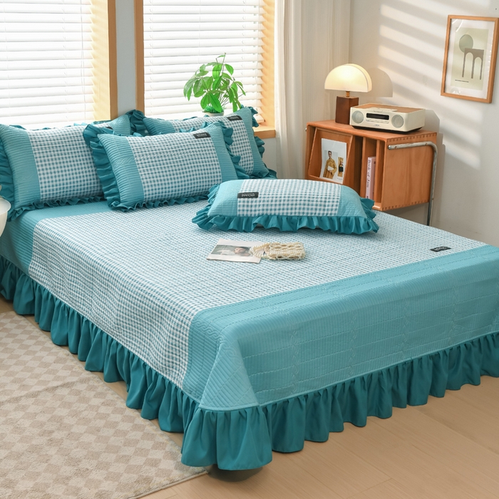 91家纺网 家纺一手货源 找家纺 鹿辉家居（原吉欧力） 2025新款无印风数码床盖三件套 无印风-湖绿