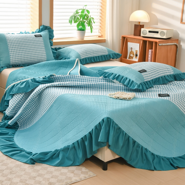 91家纺网 家纺一手货源 找家纺 鹿辉家居（原吉欧力） 2025新款无印风数码床盖三件套 无印风-湖绿