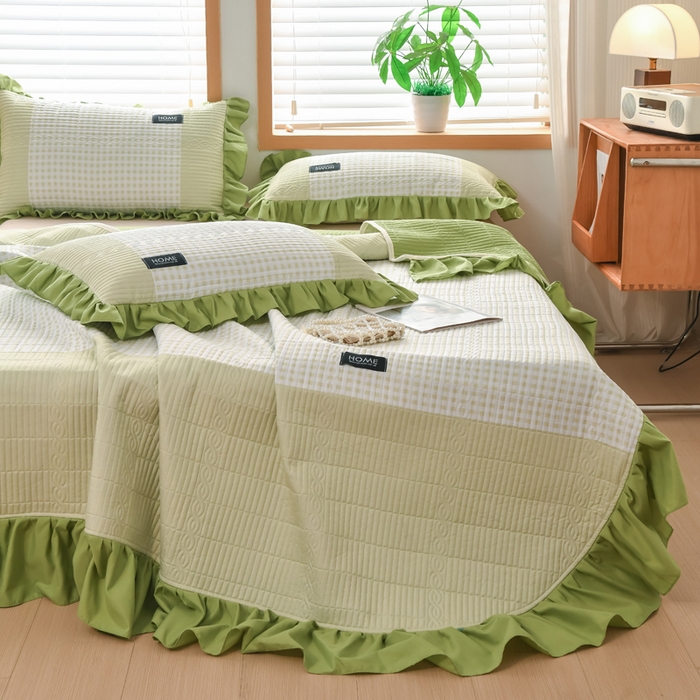 91家纺网 家纺一手货源 找家纺 鹿辉家居（原吉欧力） 2025新款无印风数码床盖三件套 无印风-绿