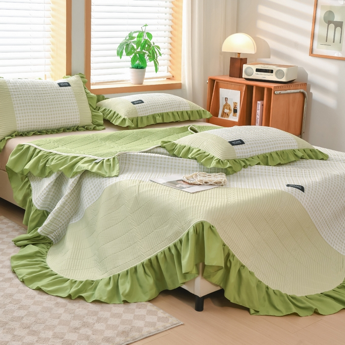 91家纺网 家纺一手货源 找家纺 鹿辉家居（原吉欧力） 2025新款无印风数码床盖三件套 无印风-绿