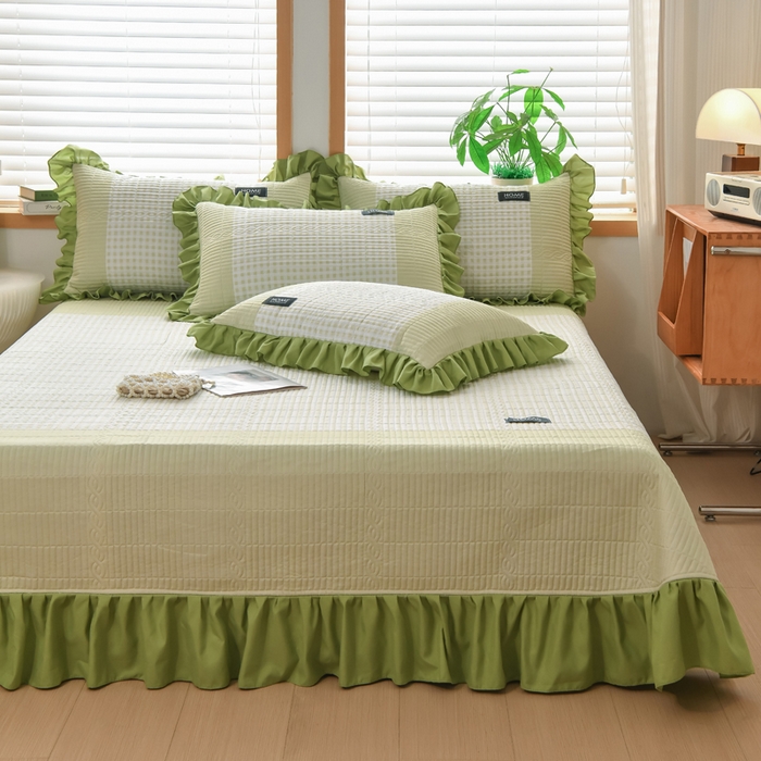 91家纺网 家纺一手货源 找家纺 鹿辉家居（原吉欧力） 2025新款无印风数码床盖三件套 无印风-绿