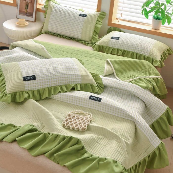 91家纺网 家纺一手货源 找家纺 鹿辉家居（原吉欧力） 2025新款无印风数码床盖三件套 无印风-绿