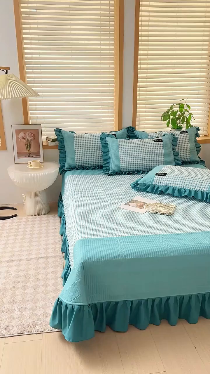 91家纺网 家纺一手货源 找家纺 鹿辉家居（原吉欧力） 2025新款无印风数码床盖三件套 无印风-湖绿