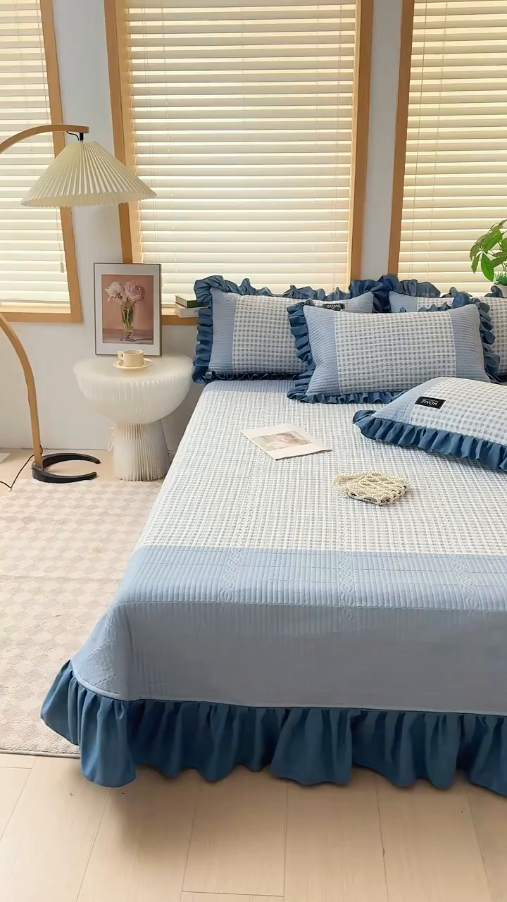 91家纺网 家纺一手货源 找家纺 鹿辉家居（原吉欧力） 2025新款无印风数码床盖三件套 无印风-蓝