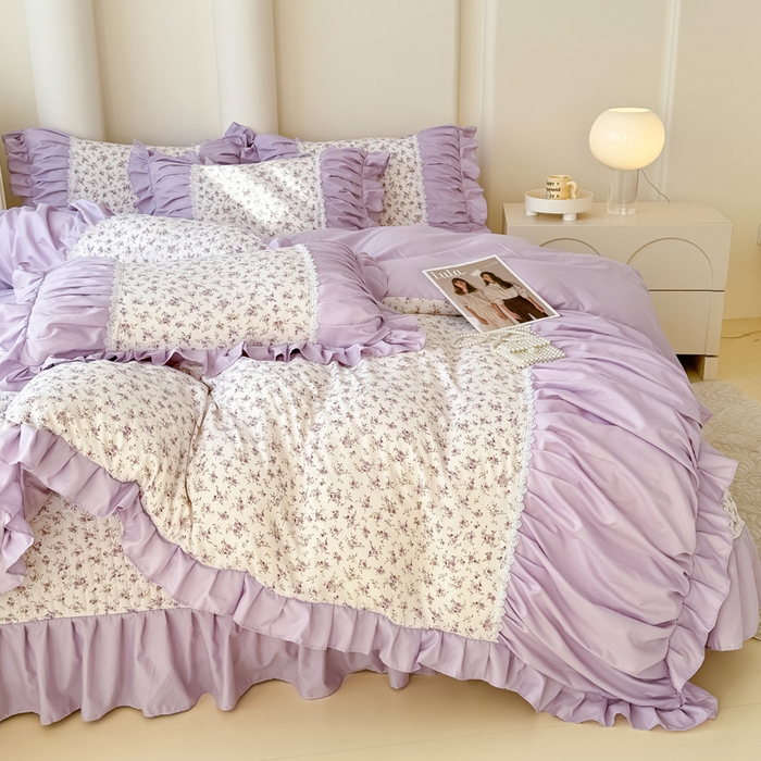 91家纺网 家纺一手货源 找家纺 鹿辉家居（原吉欧力） 2025新款双层纱韩版床盖四件套 紫色花香