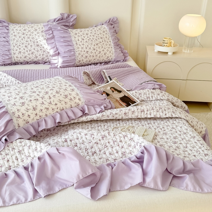 91家纺网 家纺一手货源 找家纺 鹿辉家居（原吉欧力） 2025新款双层纱韩版床盖四件套 紫色花香