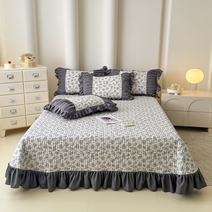 91家纺网 家纺一手货源 找家纺 鹿辉家居（原吉欧力） 2025新款双层纱韩版床盖四件套 萱花-灰