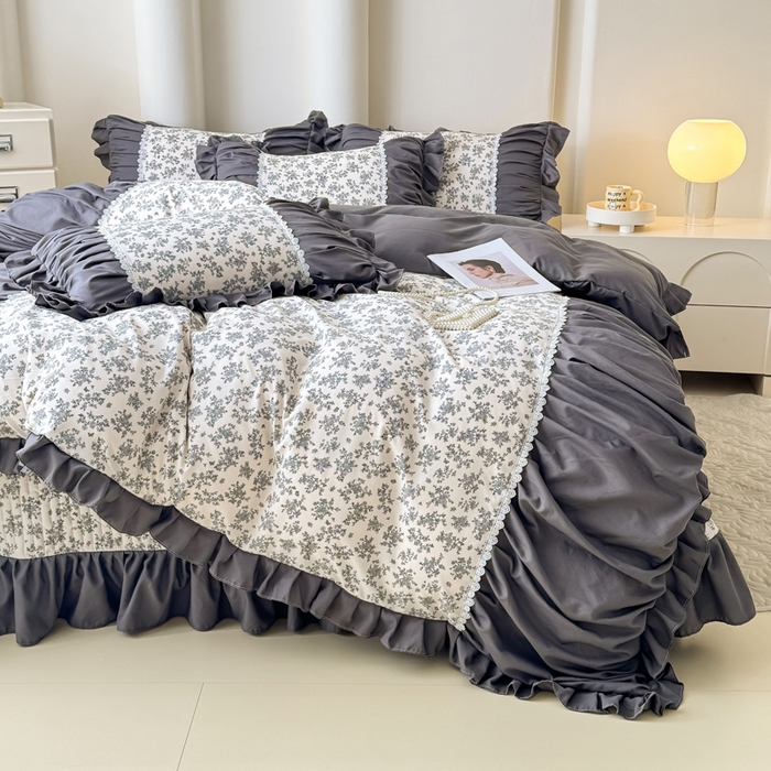 91家纺网 家纺一手货源 找家纺 鹿辉家居（原吉欧力） 2025新款双层纱韩版床盖四件套 萱花-灰