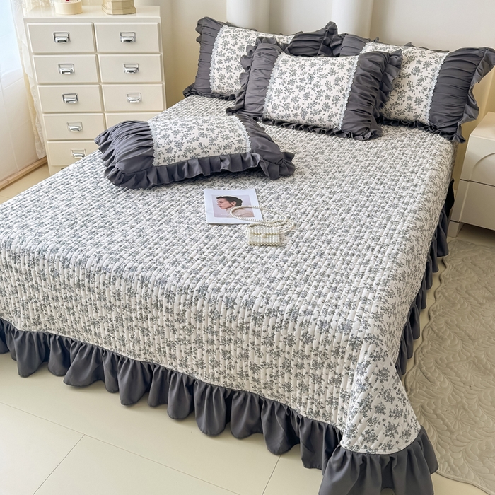 91家纺网 家纺一手货源 找家纺 鹿辉家居（原吉欧力） 2025新款双层纱韩版床盖四件套 萱花-灰