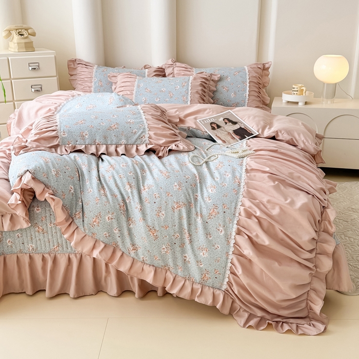 91家纺网 家纺一手货源 找家纺 鹿辉家居（原吉欧力） 2025新款双层纱韩版床盖四件套 枝蔓