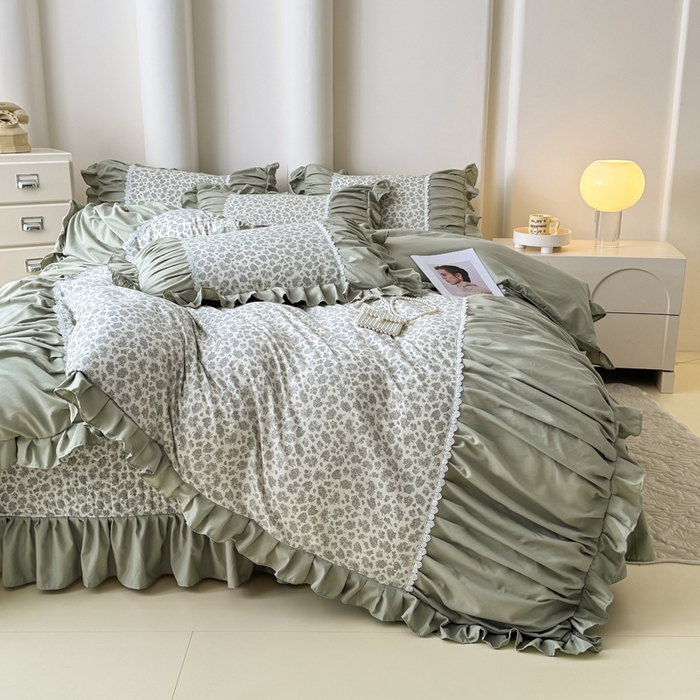 91家纺网 家纺一手货源 找家纺 鹿辉家居（原吉欧力） 2025新款双层纱韩版床盖四件套 茉莉青提