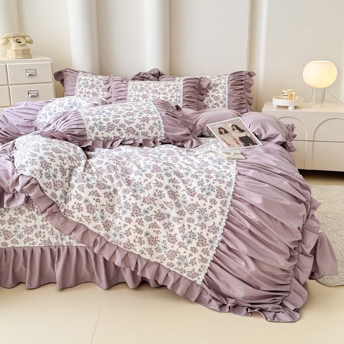 91家纺网 家纺一手货源 找家纺 鹿辉家居（原吉欧力） 2025新款双层纱韩版床盖四件套 紫郁