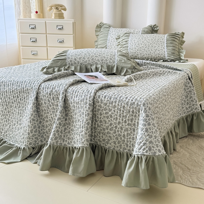 91家纺网 家纺一手货源 找家纺 鹿辉家居（原吉欧力） 2025新款双层纱韩版床盖四件套 茉莉青提