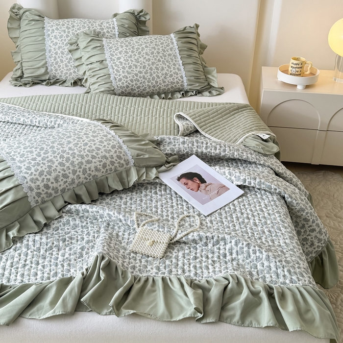 91家纺网 家纺一手货源 找家纺 鹿辉家居（原吉欧力） 2025新款双层纱韩版床盖四件套 茉莉青提