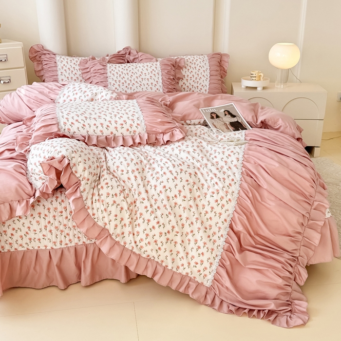 91家纺网 家纺一手货源 找家纺 鹿辉家居（原吉欧力） 2025新款双层纱韩版床盖四件套 瑰夏