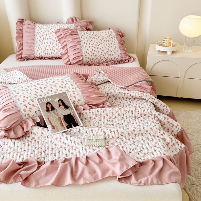 91家纺网 家纺一手货源 找家纺 鹿辉家居（原吉欧力） 2025新款双层纱韩版床盖四件套 瑰夏