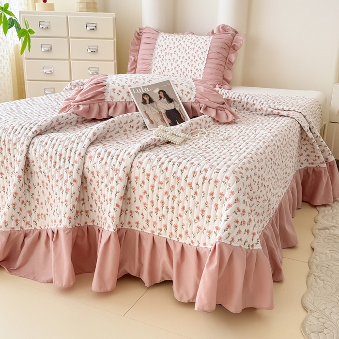 91家纺网 家纺一手货源 找家纺 鹿辉家居（原吉欧力） 2025新款双层纱韩版床盖四件套 瑰夏