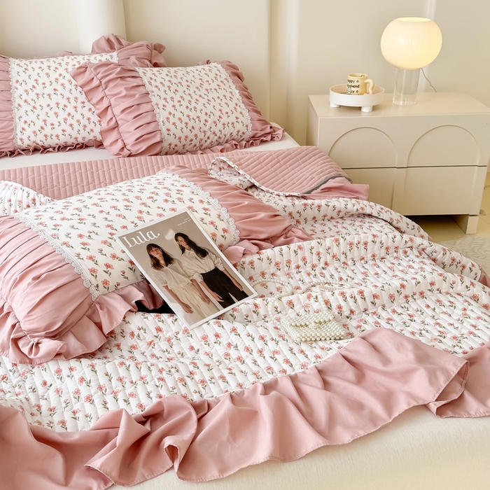 91家纺网 家纺一手货源 找家纺 鹿辉家居（原吉欧力） 2025新款双层纱韩版床盖四件套 瑰夏