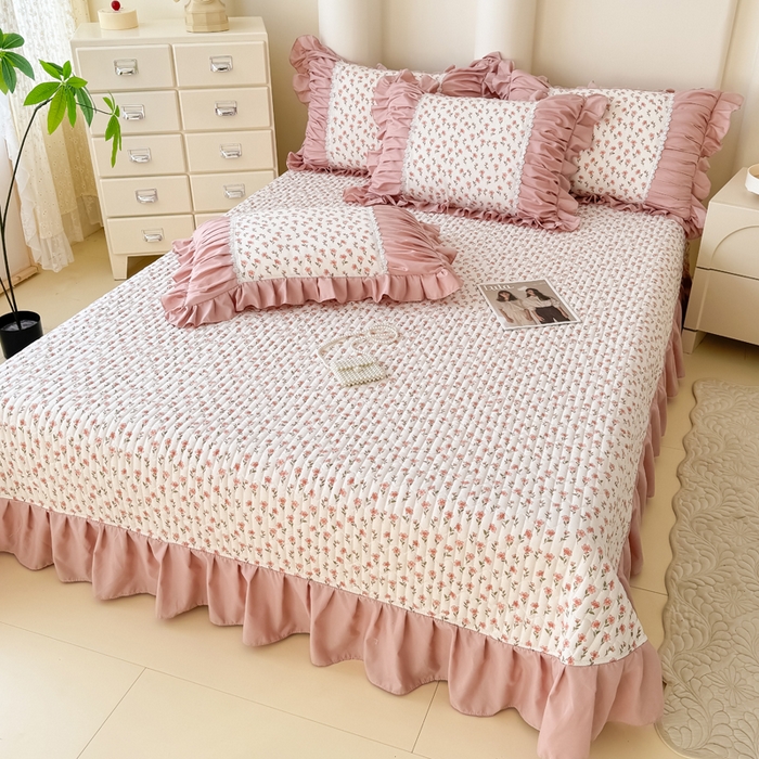 91家纺网 家纺一手货源 找家纺 鹿辉家居（原吉欧力） 2025新款双层纱韩版床盖四件套 瑰夏