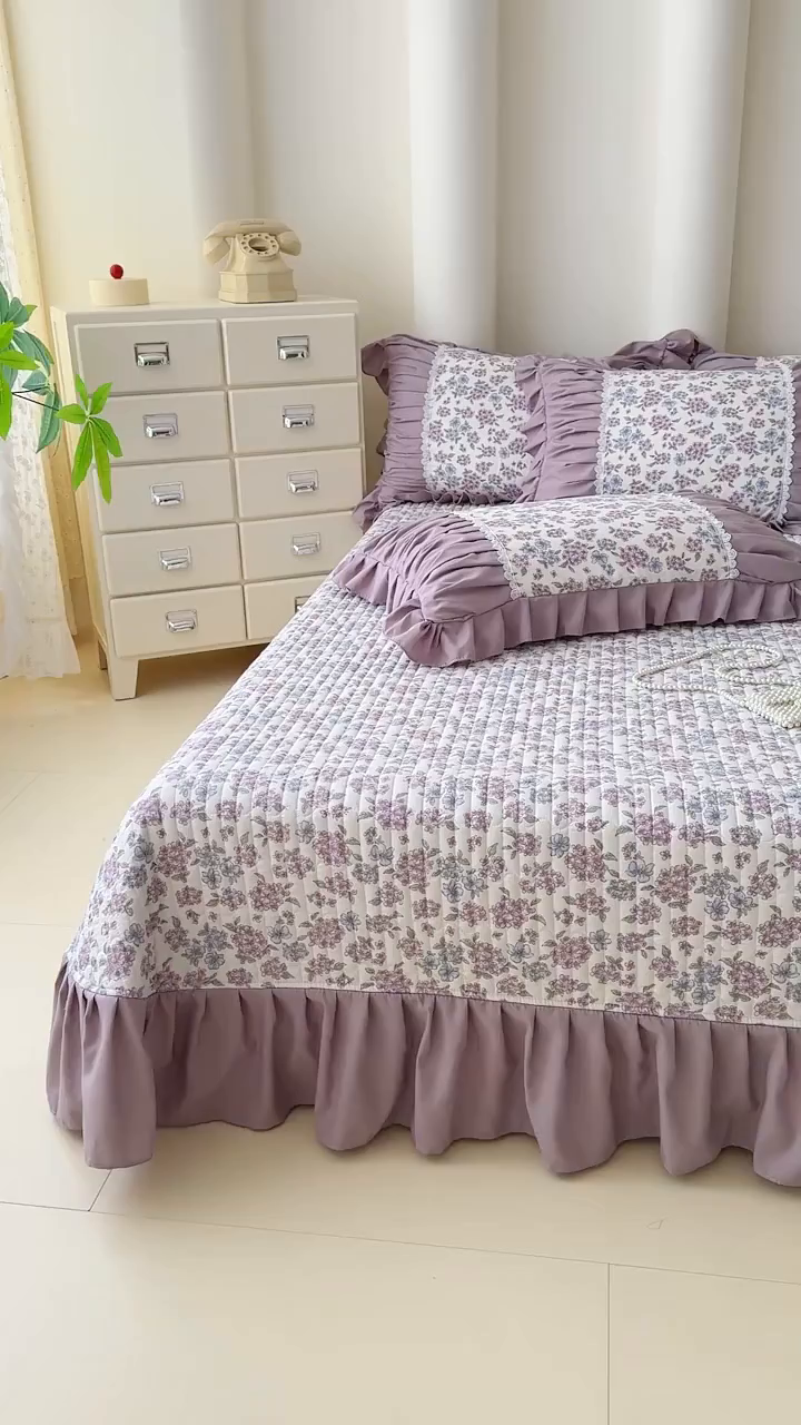 91家纺网 家纺一手货源 找家纺 鹿辉家居（原吉欧力） 2025新款双层纱韩版床盖四件套 紫郁