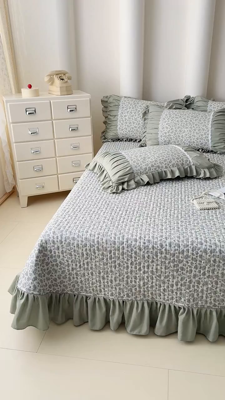 91家纺网 家纺一手货源 找家纺 鹿辉家居（原吉欧力） 2025新款双层纱韩版床盖四件套 茉莉青提