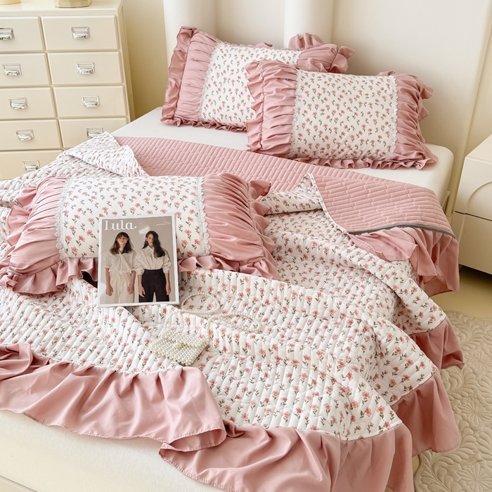 91家纺网 家纺一手货源 找家纺 鹿辉家居（原吉欧力） 2025新款双层纱韩版床盖四件套 瑰夏