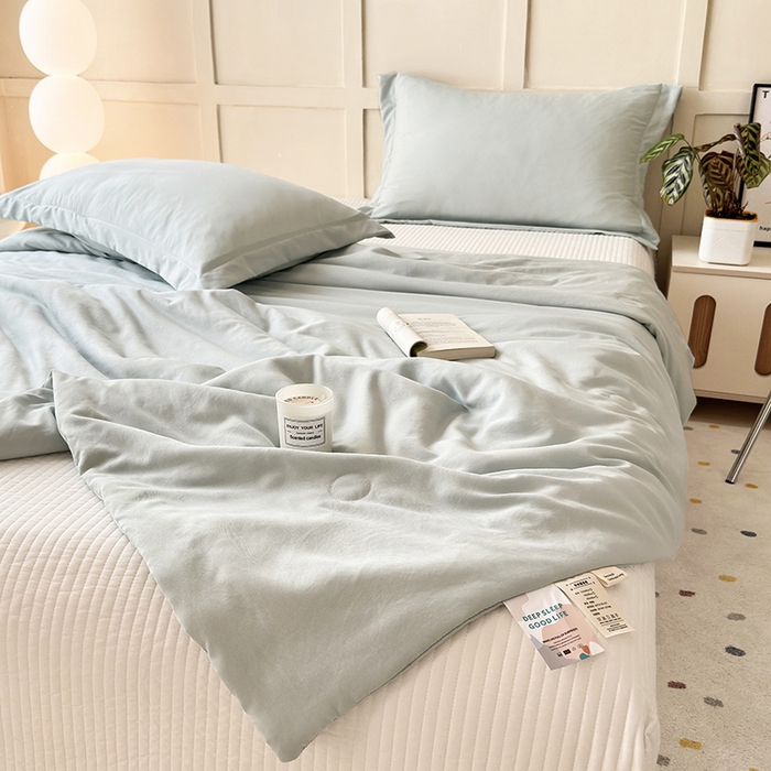 91家纺网 家纺一手货源 找家纺 乐居家纺 2025新款A类针织亲肤印花夏凉被空调被被子被芯 浅绿