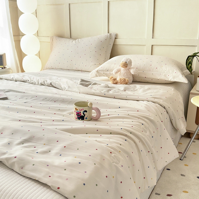 91家纺网 家纺一手货源 找家纺 乐居家纺 2025新款A类针织亲肤印花夏凉被空调被被子被芯 奶油波点-米