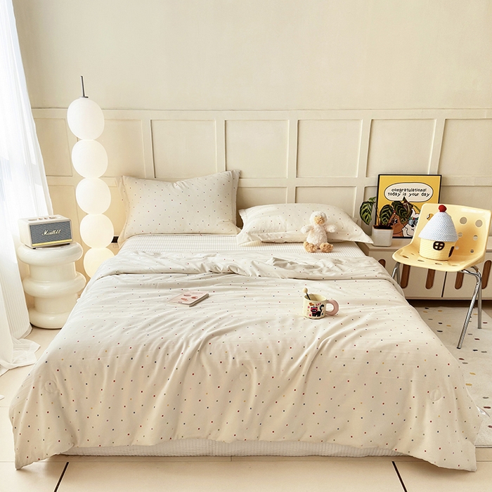 91家纺网 家纺一手货源 找家纺 乐居家纺 2025新款A类针织亲肤印花夏凉被空调被被子被芯 奶油波点-米