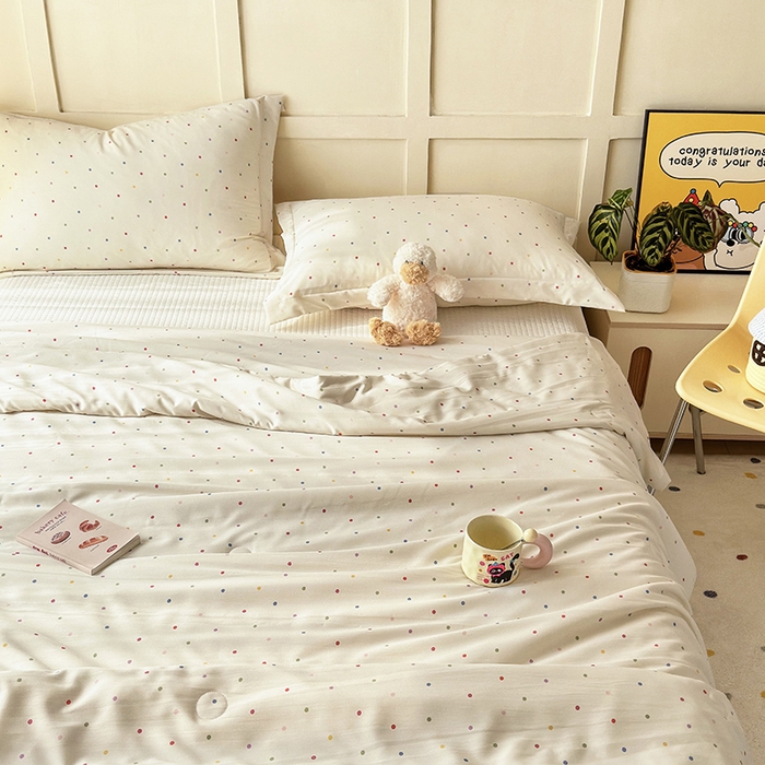 91家纺网 家纺一手货源 找家纺 乐居家纺 2025新款A类针织亲肤印花夏凉被空调被被子被芯 奶油波点-米