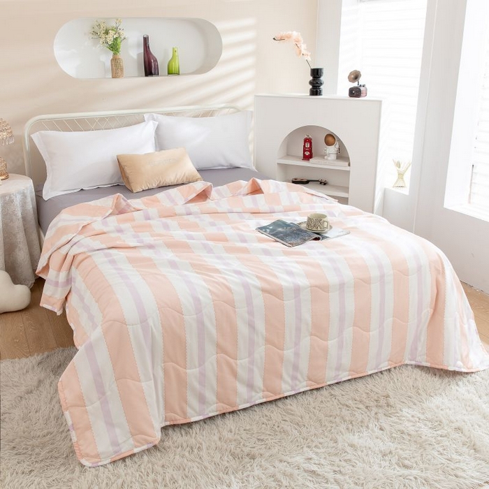 91家纺网 家纺一手货源 找家纺 乐居家纺 2025新款水洗棉夏被波浪款包边夏凉被被子被芯 彩虹条纹