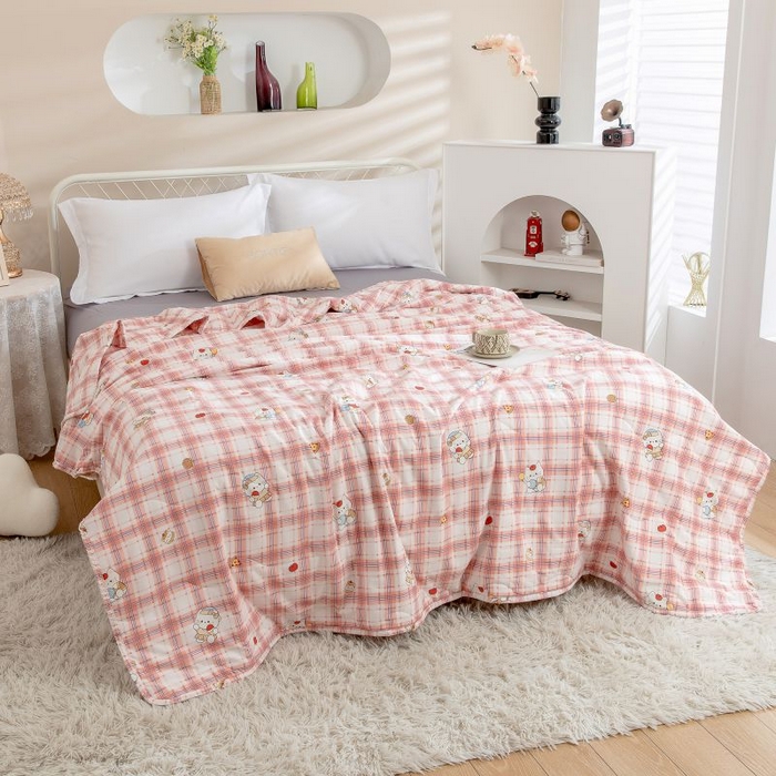 91家纺网 家纺一手货源 找家纺 乐居家纺 2025新款水洗棉夏被波浪款包边夏凉被被子被芯 彩虹格纹猫