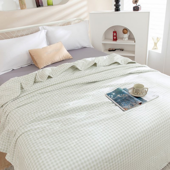 91家纺网 家纺一手货源 找家纺 乐居家纺 2025新款水洗棉夏被波浪款包边夏凉被被子被芯 贝拉粉小格