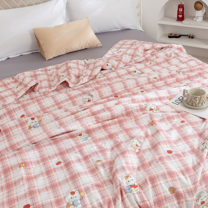 91家纺网 家纺一手货源 找家纺 乐居家纺 2025新款水洗棉夏被波浪款包边夏凉被被子被芯 彩虹格纹猫