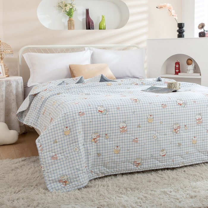 91家纺网 家纺一手货源 找家纺 乐居家纺 2025新款水洗棉夏被波浪款包边夏凉被被子被芯 面包猫咪