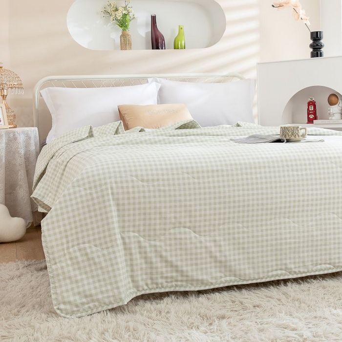 91家纺网 家纺一手货源 找家纺 乐居家纺 2025新款水洗棉夏被波浪款包边夏凉被被子被芯 贝拉粉小格