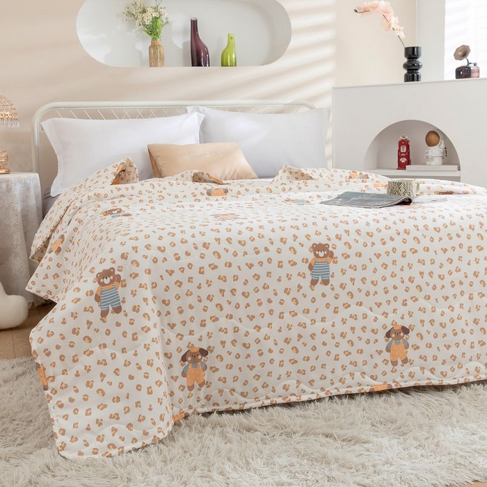 91家纺网 家纺一手货源 找家纺 乐居家纺 2025新款水洗棉夏被波浪款包边夏凉被被子被芯 咖啡熊