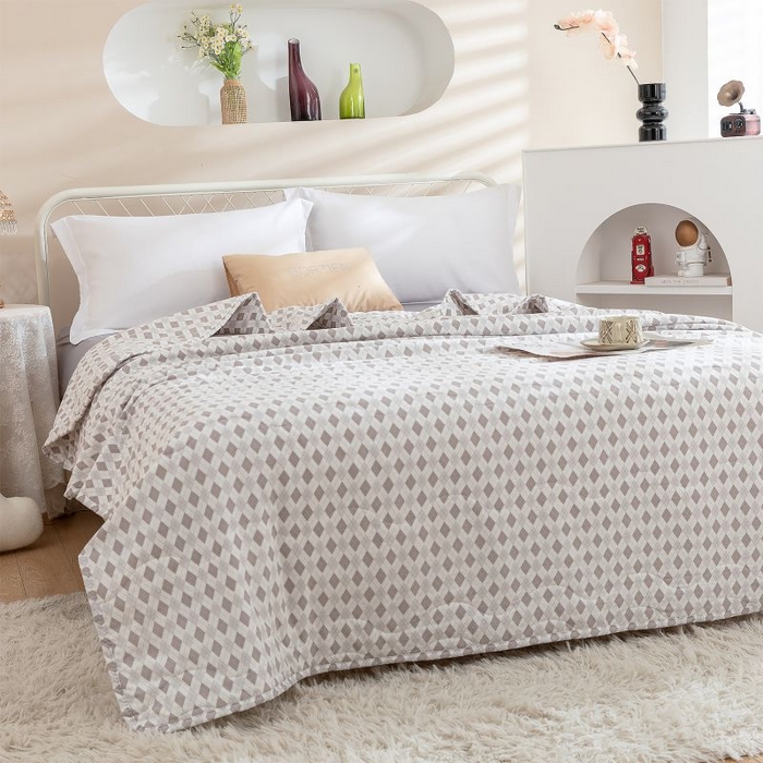 91家纺网 家纺一手货源 找家纺 乐居家纺 2025新款水洗棉夏被波浪款包边夏凉被被子被芯 方块灰