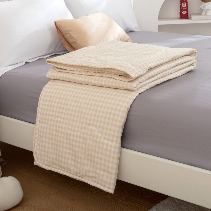 91家纺网 家纺一手货源 找家纺 乐居家纺 2025新款水洗棉夏被波浪款包边夏凉被被子被芯 黄小格