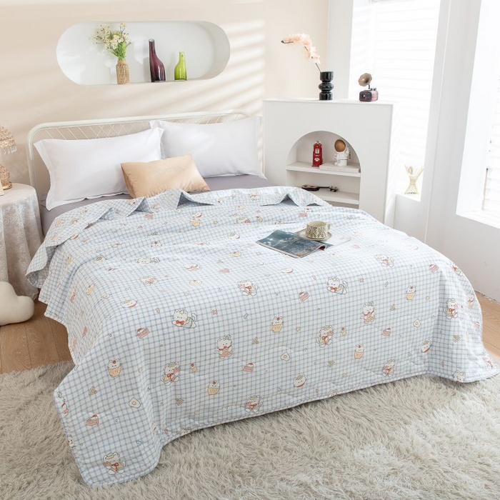 乐居家纺 2025新款水洗棉夏被波浪款包边夏凉被被子被芯 面包猫咪