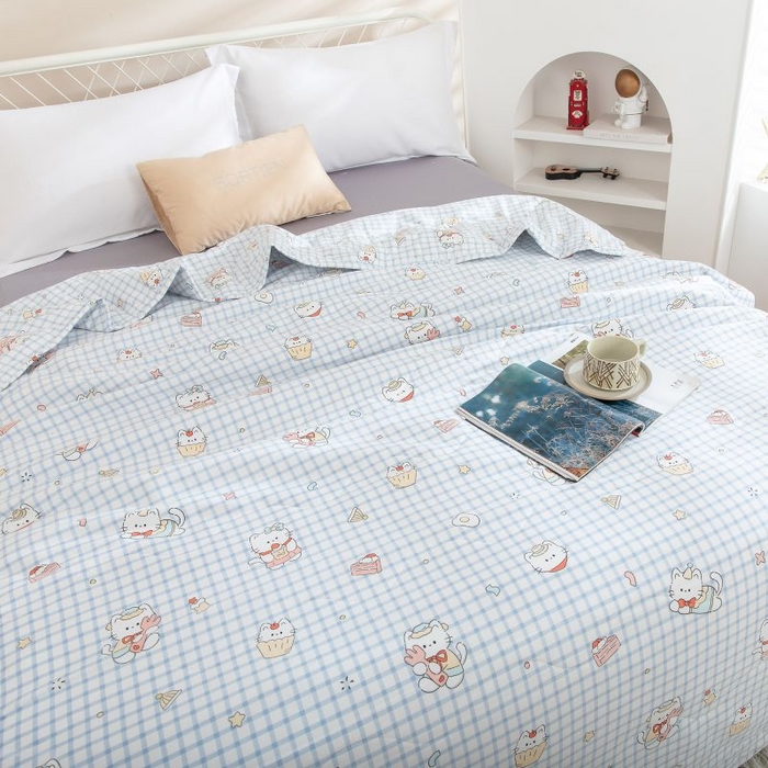 91家纺网 家纺一手货源 找家纺 乐居家纺 2025新款水洗棉夏被波浪款包边夏凉被被子被芯 面包猫咪