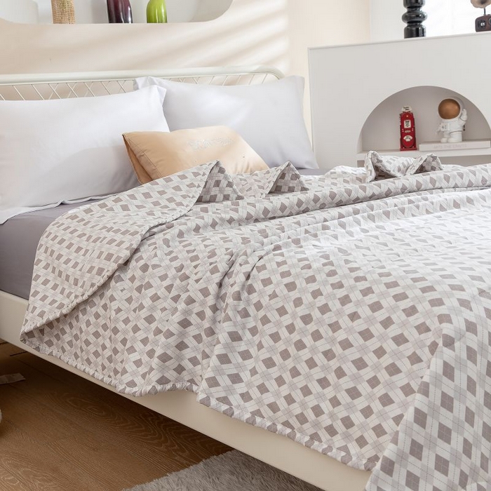 91家纺网 家纺一手货源 找家纺 乐居家纺 2025新款水洗棉夏被波浪款包边夏凉被被子被芯 方块灰