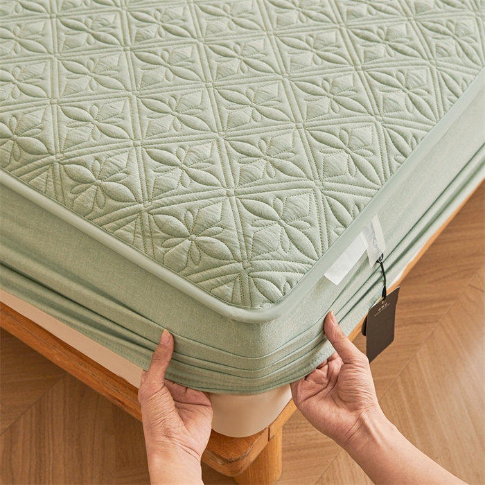 91家纺网 家纺一手货源 找家纺 3C 2025全棉蚕丝蛋白夹棉床笠 天星花-抹茶绿