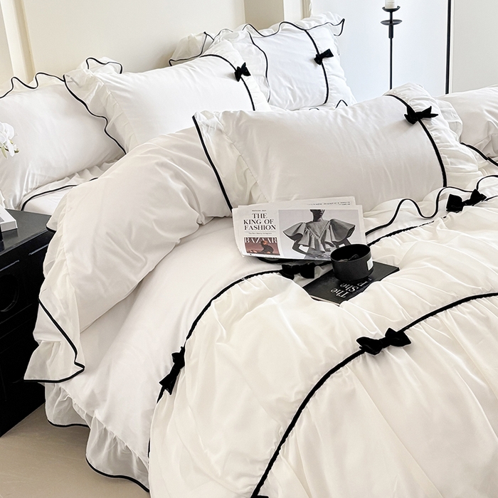 91家纺网 家纺一手货源 找家纺 梧桐家居 2025新款法式高定蝴蝶结赛琳娜雪纺花边四件套 赛琳娜-白